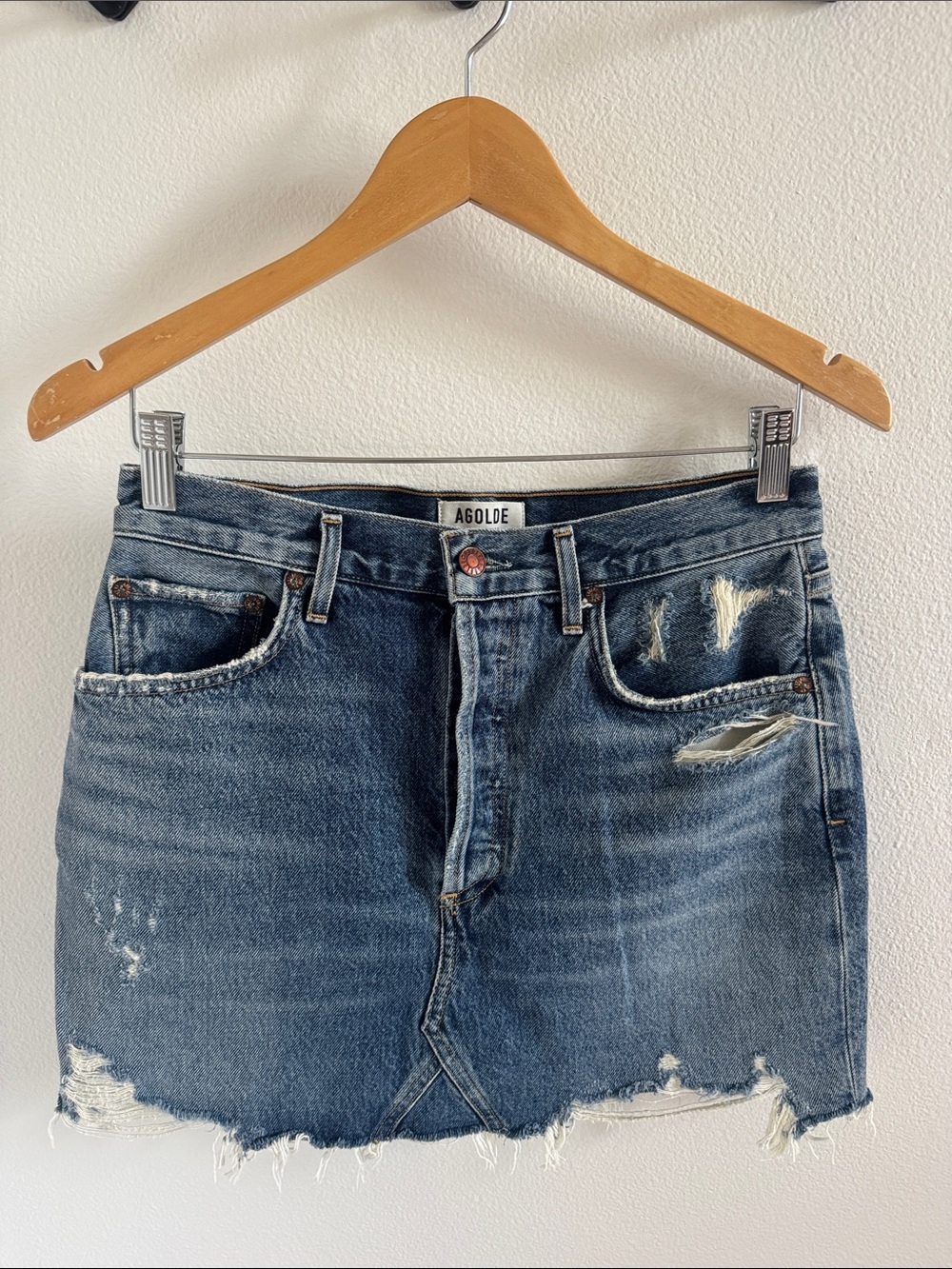 Agolde Blue Distressed Denim Mini Skirt